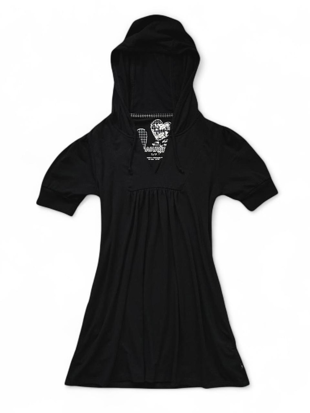 Y2K 2000s Garage Grunge Black Short Sleeve Hooded Tunic Sweater